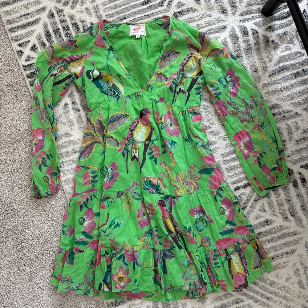 Banjanan green floral birds print dress size XS - Picture 3 of 12